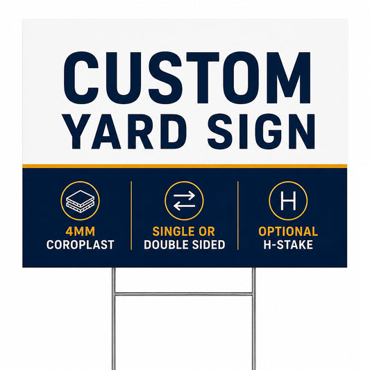Custom Double-Sided Yard Signs – 4mm Coroplast with Metal H-Stakes Included